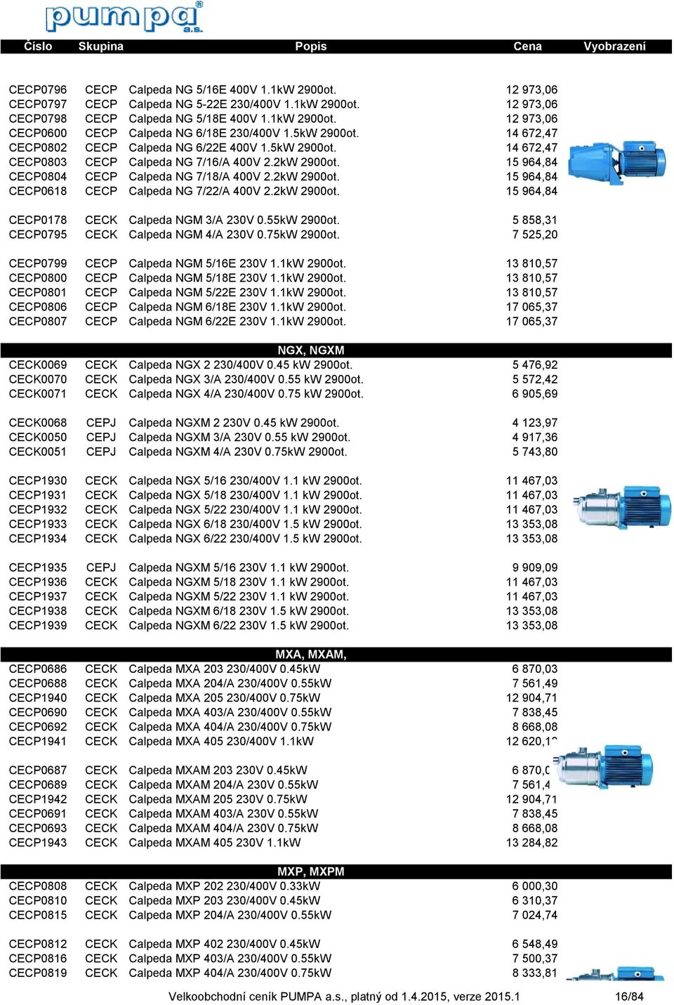 2kW 2900ot. 15 964,84 CECP0178 CECK Calpeda NGM 3/A 230V 0.55kW 2900ot. 5 858,31 CECP0795 CECK Calpeda NGM 4/A 230V 0.75kW 2900ot. 7 525,20 CECP0799 CECP Calpeda NGM 5/16E 230V 1.1kW 2900ot.