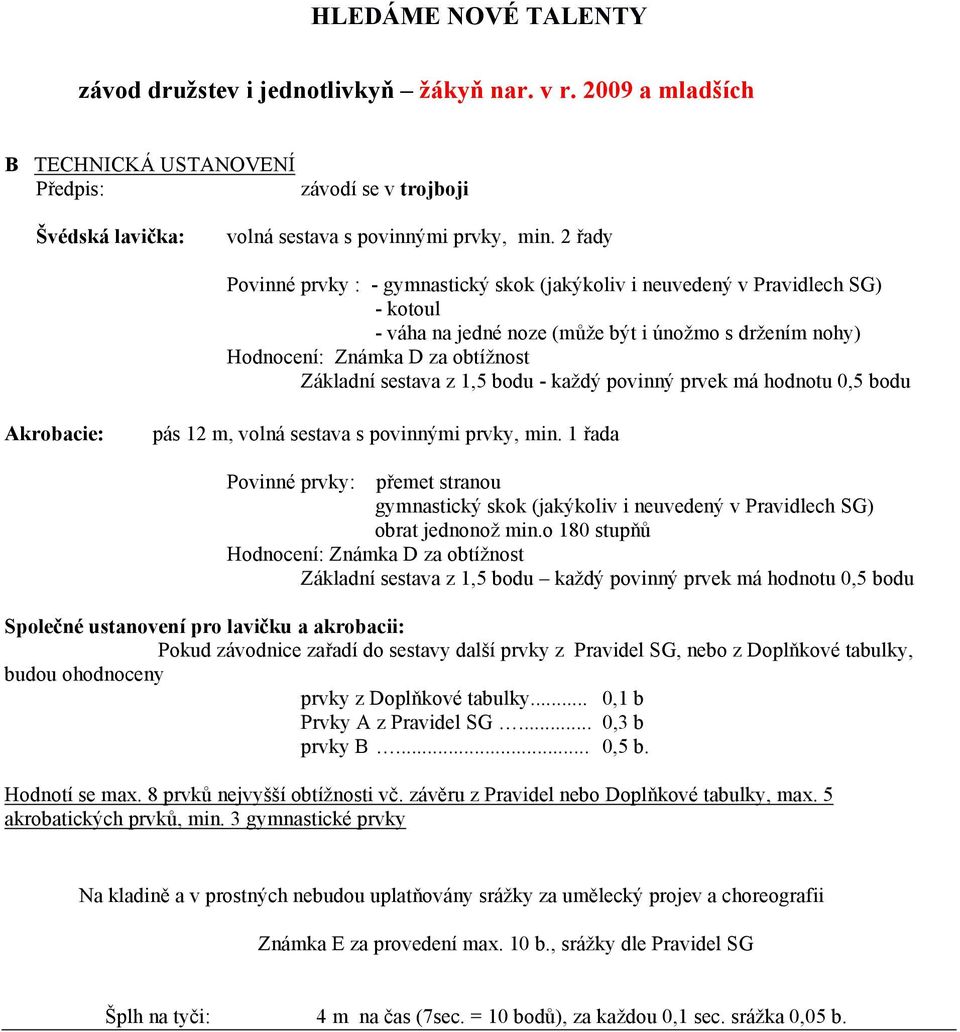 1,5 bodu - každý povinný prvek má hodnotu 0,5 bodu Akrobacie: pás 12 m, volná sestava s povinnými prvky, min.