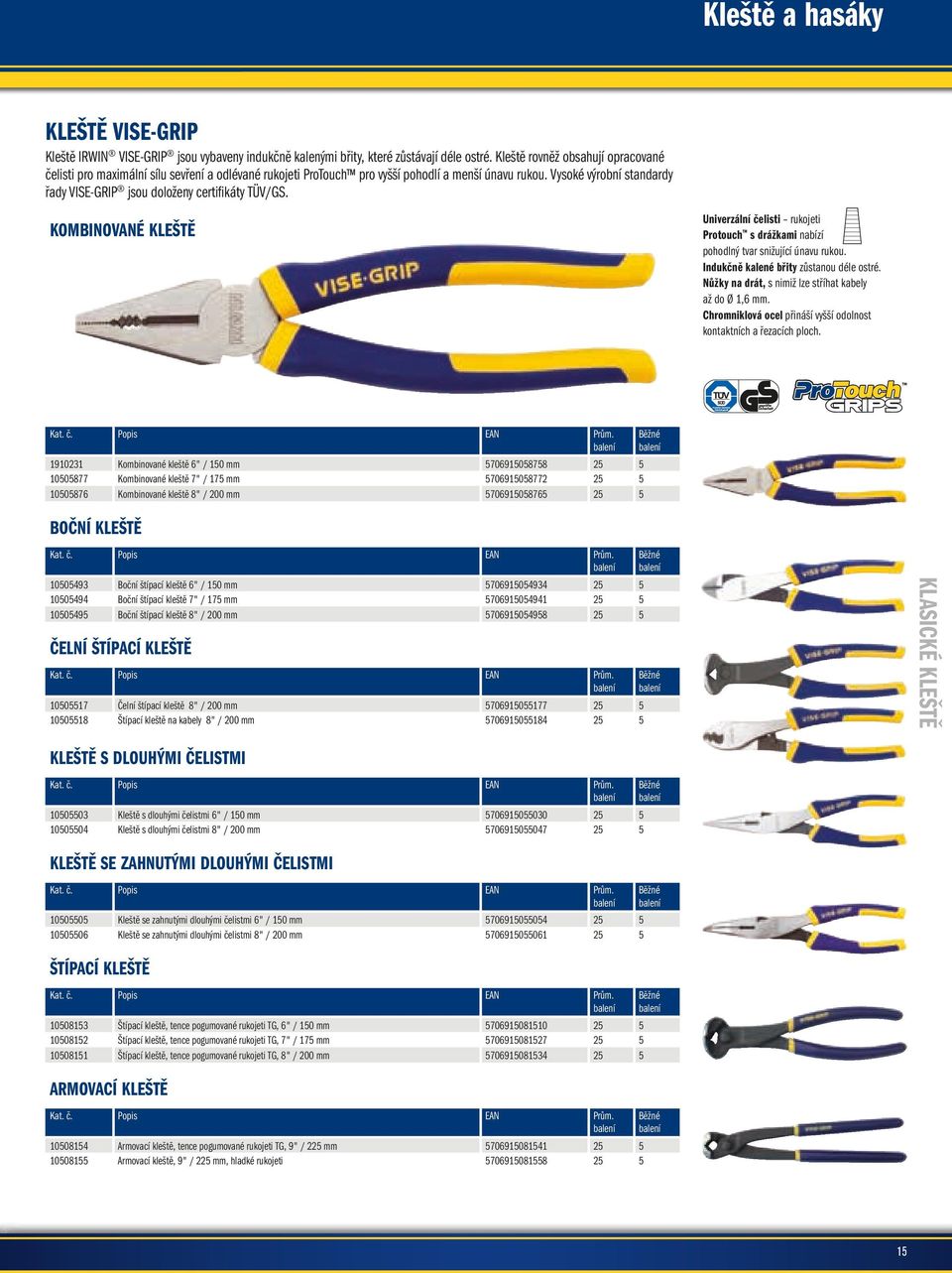 Vysoké výrobní standardy řady VISE-GRIP jsou doloženy certifikáty TÜV/GS. KOMBINOVANÉ KLEŠTĚ Univerzální čelisti rukojeti Protouch s drážkami nabízí pohodlný tvar snižující únavu rukou.