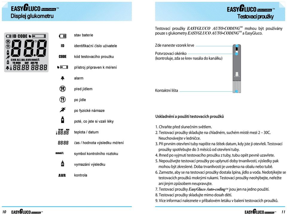 Zde naneste vzorek krve Potvrzovací okénko (kontroluje, zda se krev nasála do kanálku) přístroj připraven k měření alarm před jídlem Kontaktní lišta po jídle po fyzické námaze poté, co jste si vzali