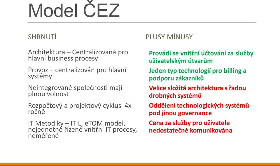 PLUSY MÍNUSY Provádí se vnitřní účtování za služby uživatelským útvarům Jeden typ technologií pro billing a podporu zákazníků Velice složitá
