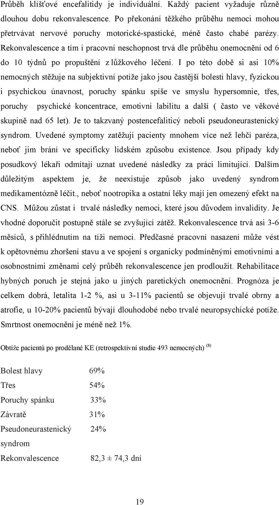 Rekonvalescence a tím i pracovní neschopnost trvá dle průběhu onemocnění od 6 do 10 týdnů po propuštění z lůžkového léčení.