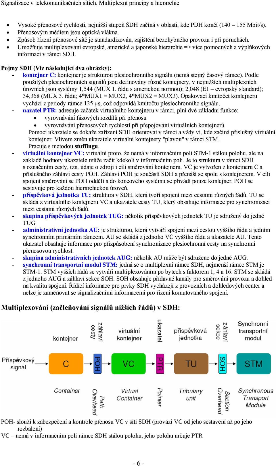 Umožňuje multiplexování evropské, americké a japonské hierarchie => více pomocných a výplňkových informací v rámci SDH.