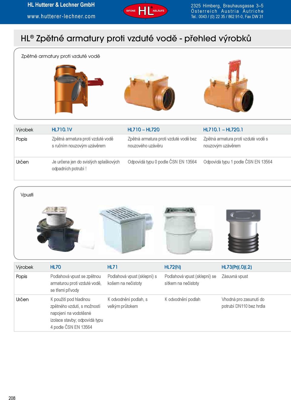 do svislých splaškových odpadních potrubí! Odpovídá typu 0 podle ČSN EN 13564 Odpovídá typu 1 podle ČSN EN 13564 Vpusti Výrobek HL70 HL71 HL72(N) HL73(Pr)(.0)(.