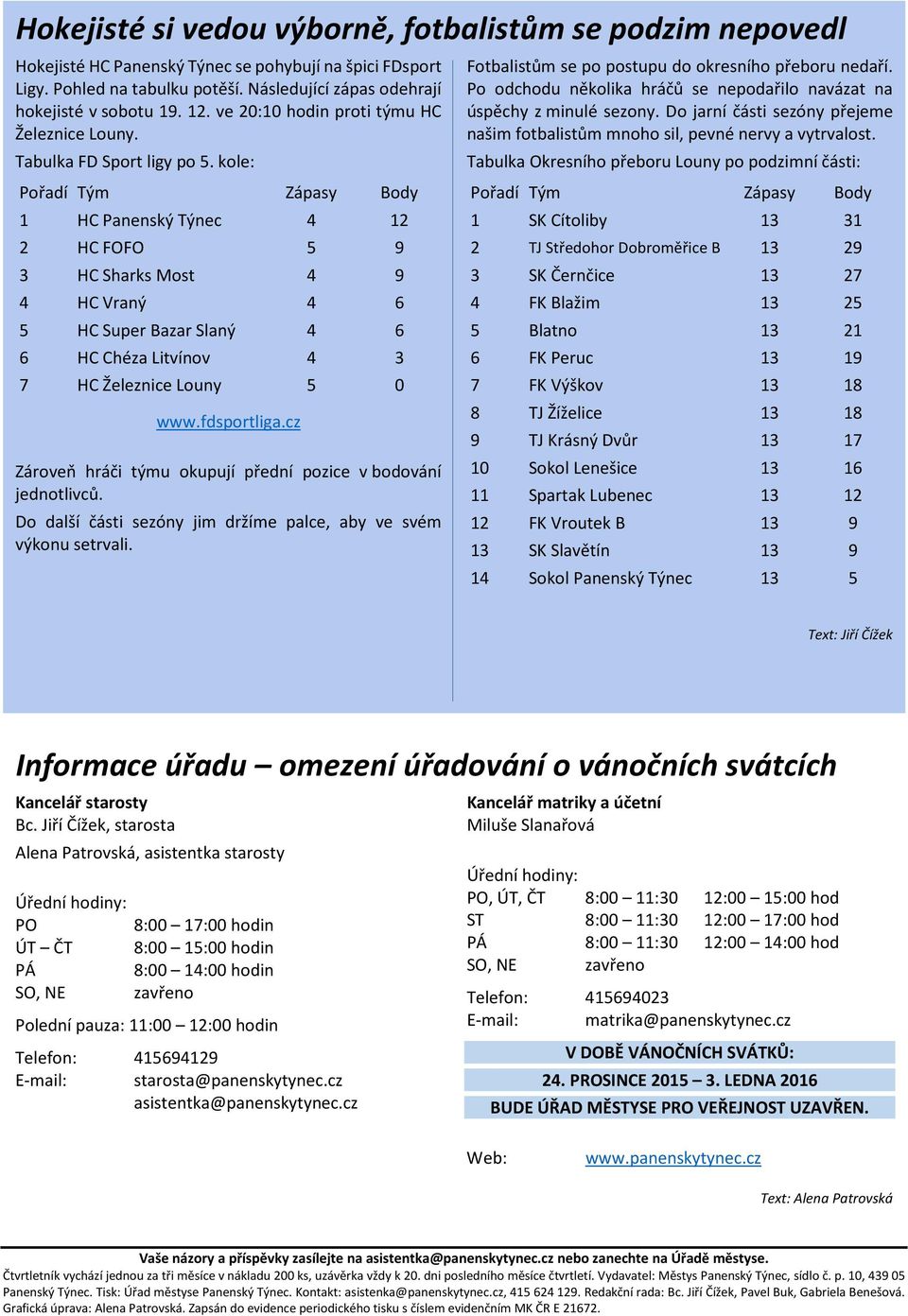 kole: Pořadí Tým Zápasy Body 1 HC Panenský Týnec 4 12 2 HC FOFO 5 9 3 HC Sharks Most 4 9 4 HC Vraný 4 6 5 HC Super Bazar Slaný 4 6 6 HC Chéza Litvínov 4 3 7 HC Železnice Louny 5 0 www.fdsportliga.