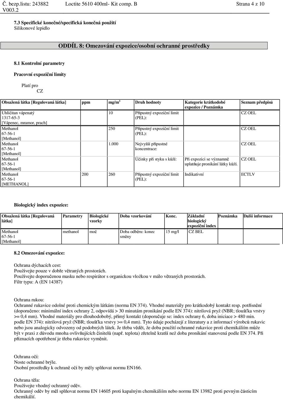 expoziční limit 1317-65-3 (PEL): [Vápenec, mramor, prach] Methanol 67-56-1 [Methanol] Methanol 67-56-1 [Methanol] Methanol 67-56-1 [Methanol] Methanol 67-56-1 [METHANOL] 250 Přípustný expoziční limit