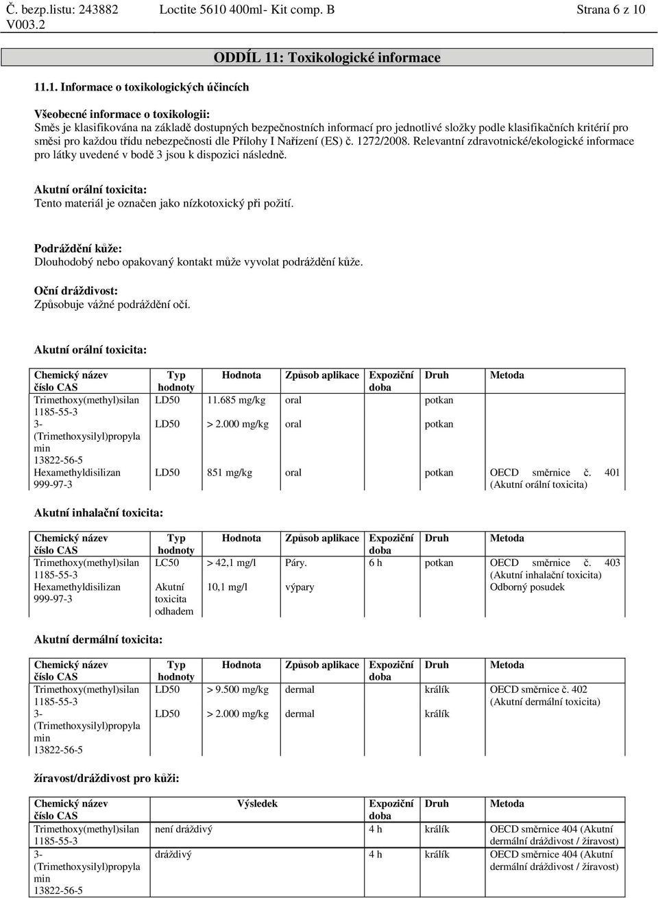 11.1. Informace o toxikologických účincích ODDÍL 11: Toxikologické informace Všeobecné informace o toxikologii: Směs je klasifikována na základě dostupných bezpečnostních informací pro jednotlivé