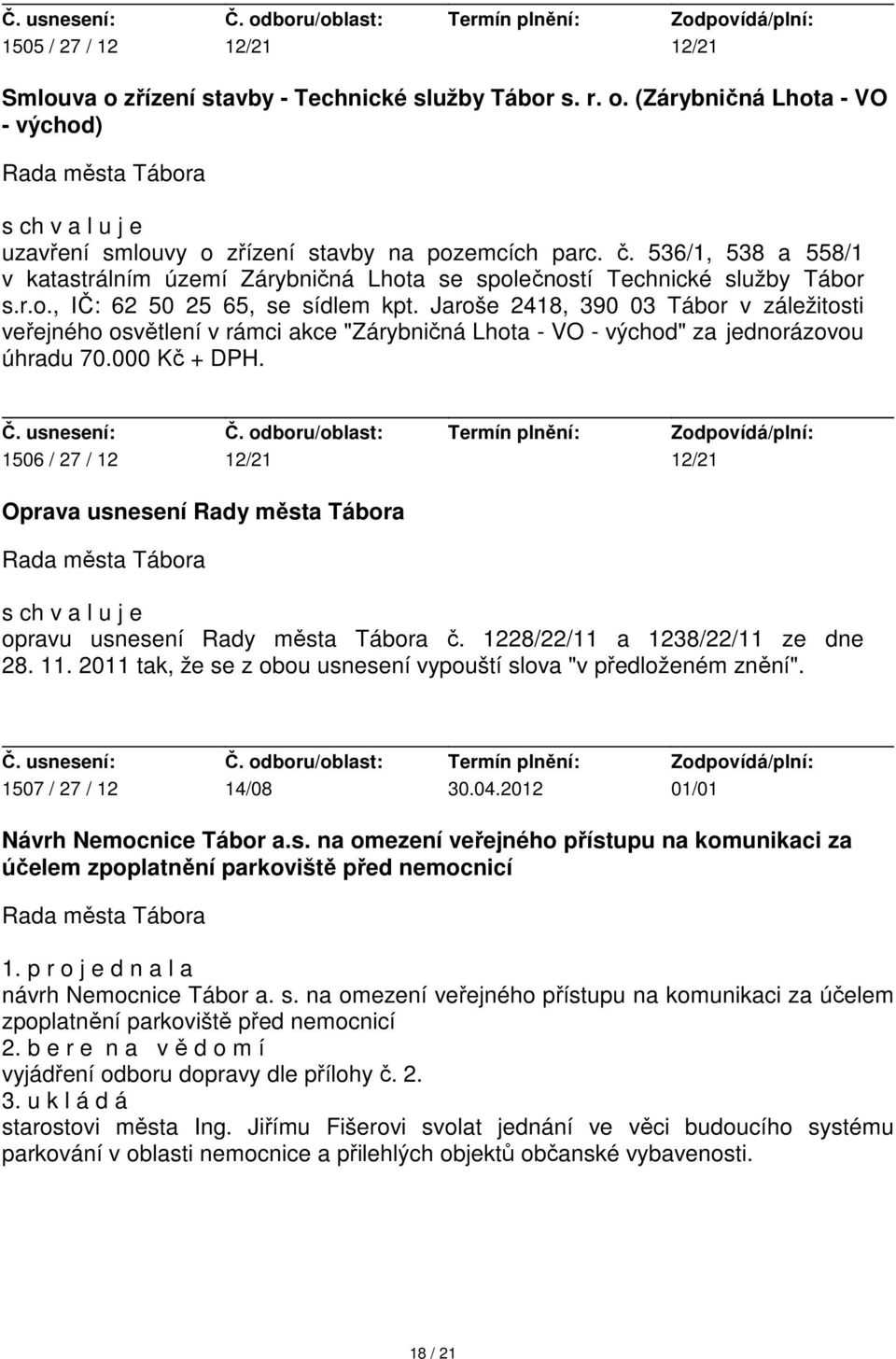 Jaroše 2418, 390 03 Tábor v záležitosti veřejného osvětlení v rámci akce "Zárybničná Lhota - VO - východ" za jednorázovou úhradu 70.000 Kč + DPH.