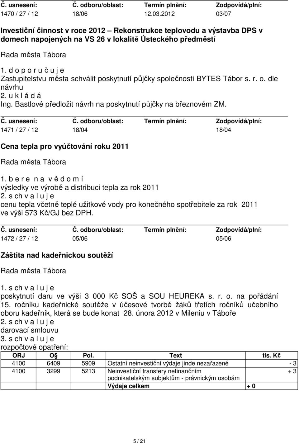 1471 / 27 / 12 18/04 18/04 Cena tepla pro vyúčtování roku 2011 1. b e r e n a v ě d o m í výsledky ve výrobě a distribuci tepla za rok 2011 2.