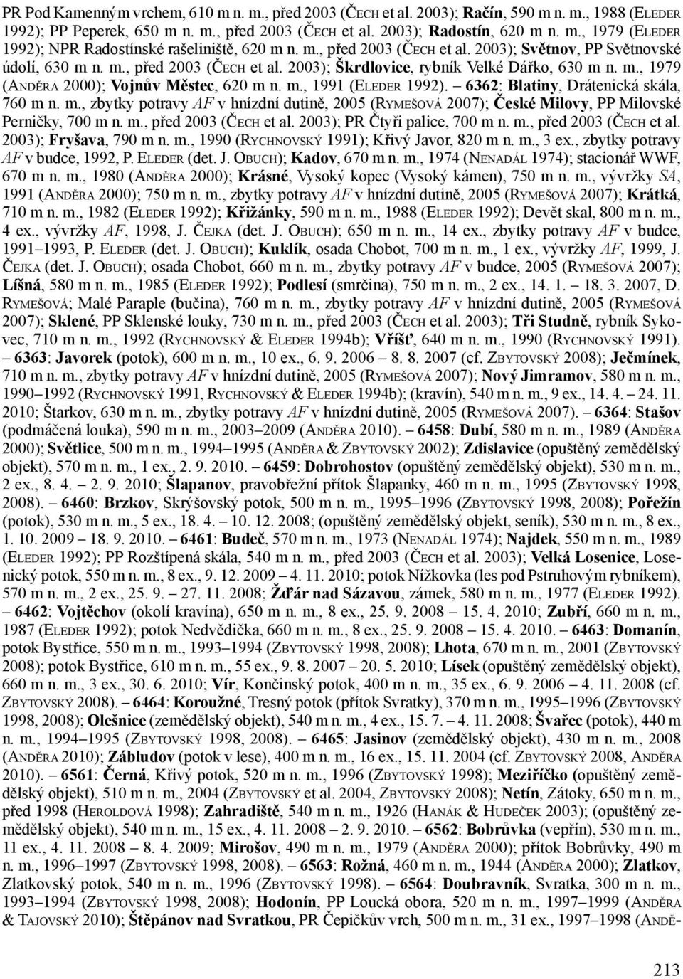 6362: Blatiny, Drátenická skála, 760 m n. m., zbytky potravy AF v hnízdní dutině, 2005 (Rymešová 2007); České Milovy, PP Milovské Perničky, 700 m n. m., před 2003 (Čech et al.
