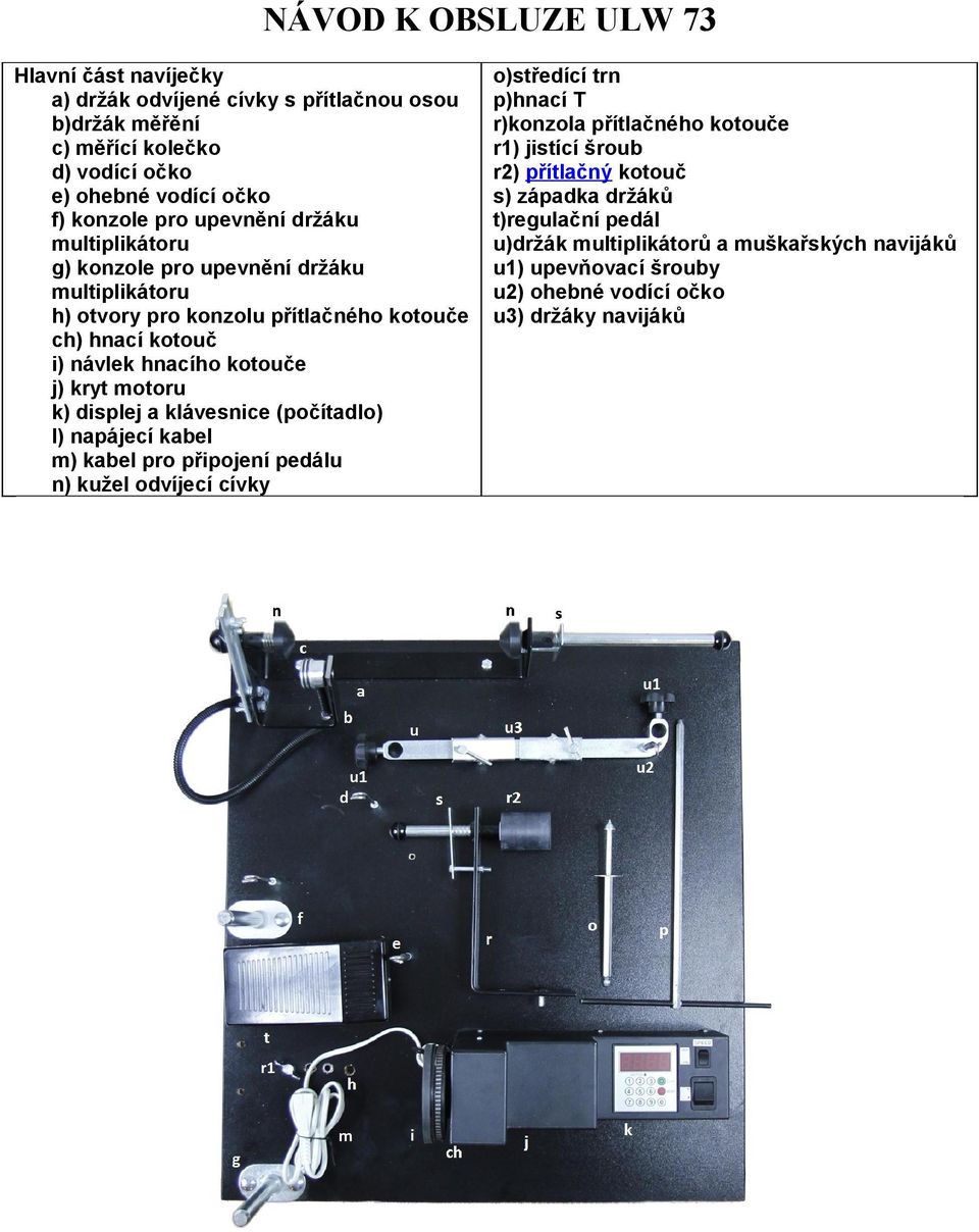 motoru k) displej a klávesnice (počítadlo) l) napájecí kabel m) kabel pro připojení pedálu n) kužel odvíjecí cívky o)středící trn p)hnací T r)konzola přítlačného kotouče r1)