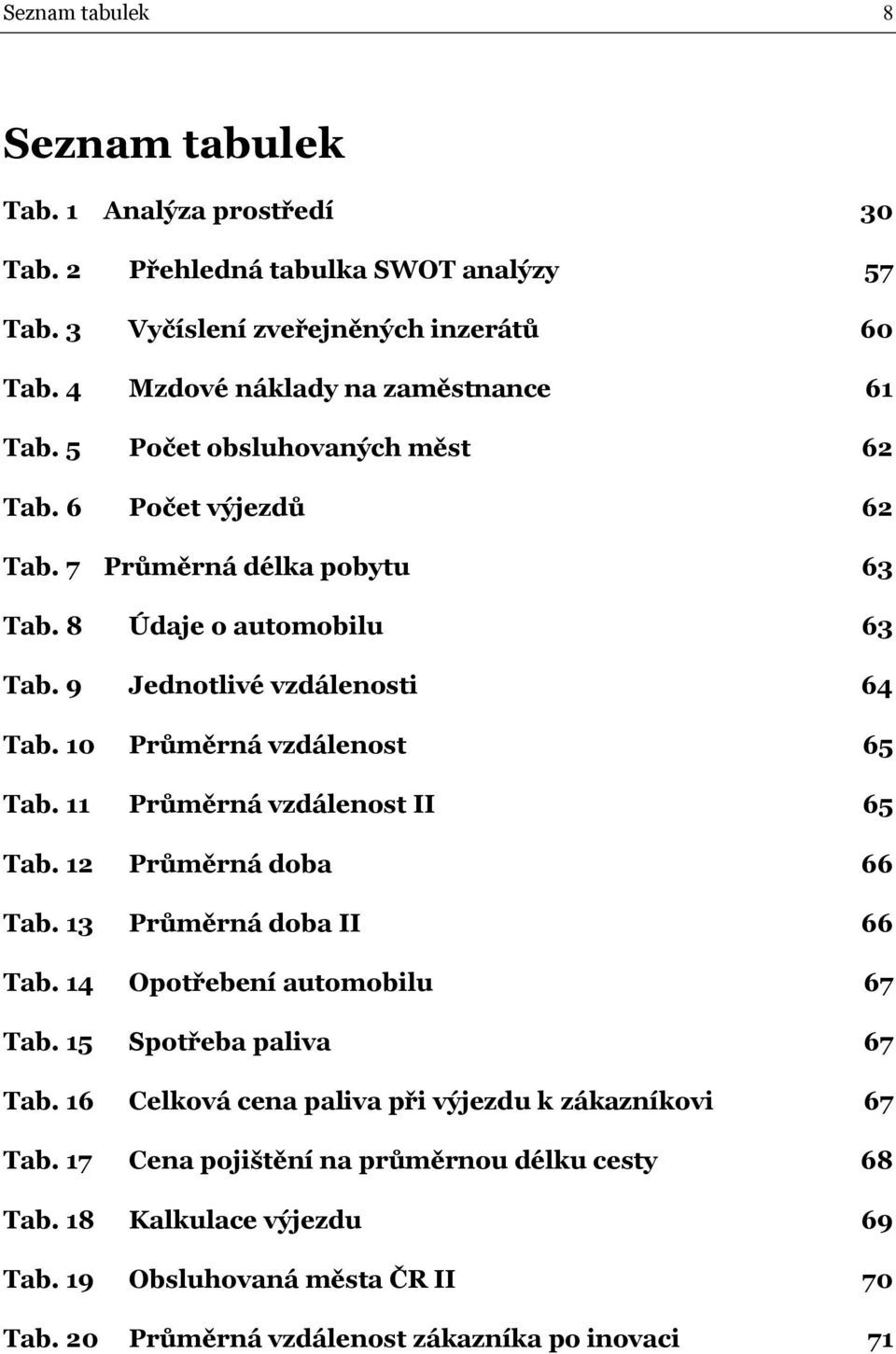 9 Jednotlivé vzdálenosti 64 Tab. 10 Průměrná vzdálenost 65 Tab. 11 Průměrná vzdálenost II 65 Tab. 12 Průměrná doba 66 Tab. 13 Průměrná doba II 66 Tab. 14 Opotřebení automobilu 67 Tab.