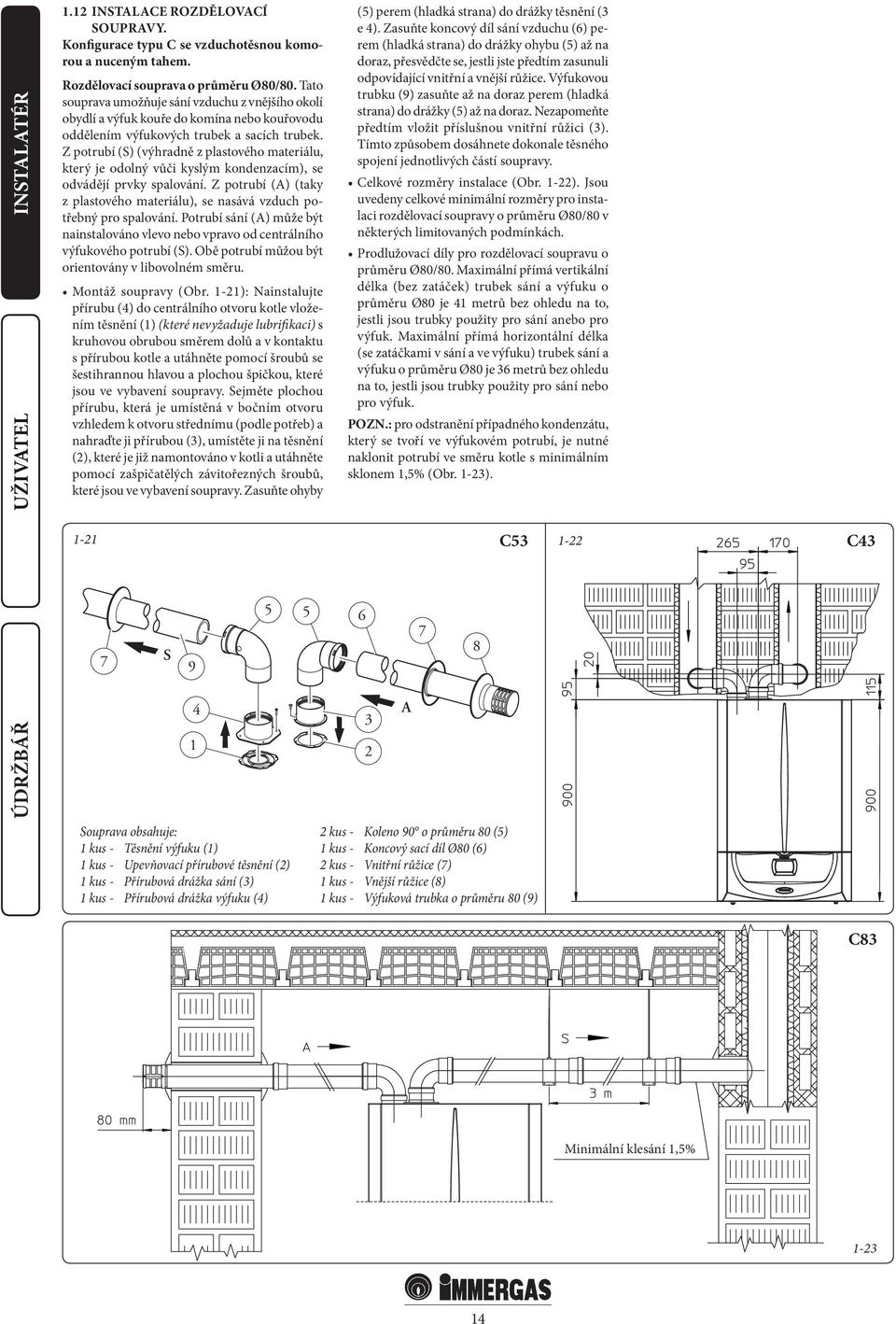 Z potrubí (S) (výhradně z plastového materiálu, který je odolný vůči kyslým kondenzacím), se odvádějí prvky spalování.