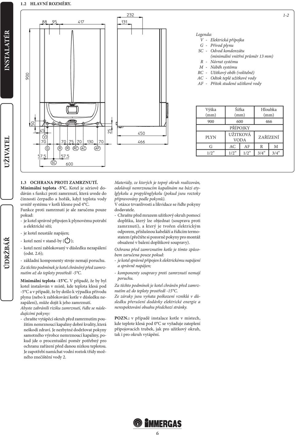 užitkové vody AF - Přítok studené užitkové vody Výška (mm) Šířka (mm) Hloubka (mm) 900 600 466 PŘÍPOJKY PLYN UŽITKOVÁ VODA ZAŘÍZENÍ G AC AF R M 1/2 1/2 1/2 3/4 3/4 1.3 OCHRANA PROTI ZAMRZNUTÍ.