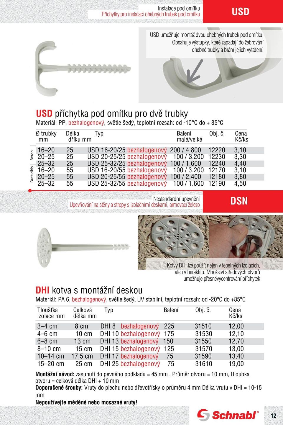 USD příchytka pod omítku pro dvě trubky Duté cihly Beton Materiál: PP, bezhalogenový, světle šedý, teplotní rozsah: od -10 C do + 85 C Ø trubky Délka dříku 16 20 20 32 16 20 20 32 55 55 55 USD 16-20/