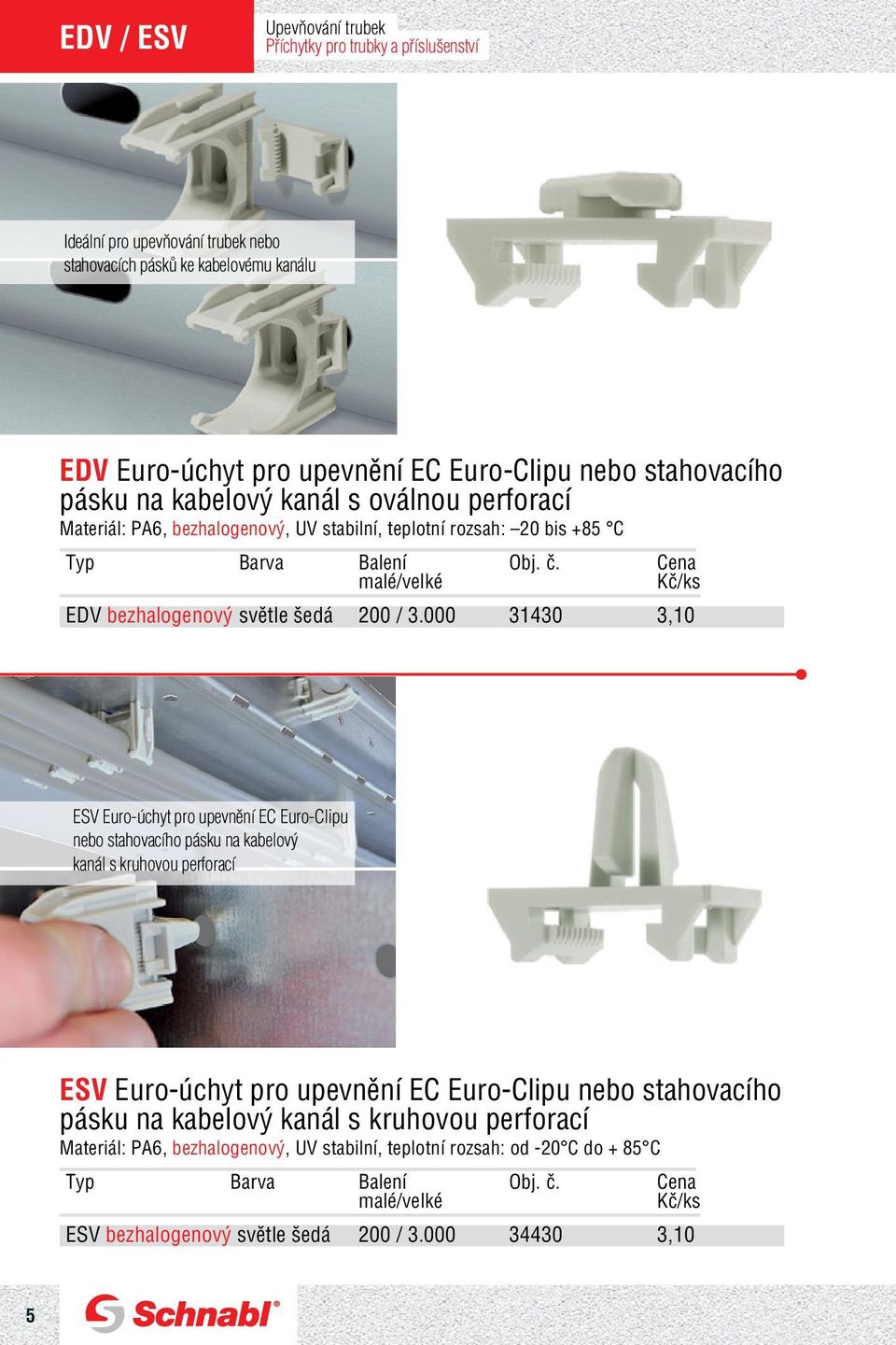 000 31430 3,10 ESV Euro-úchyt pro upevnění EC Euro-Clipu nebo stahovacího pásku na kabelový kanál s kruhovou perforací ESV Euro-úchyt pro upevnění EC Euro-Clipu nebo stahovacího
