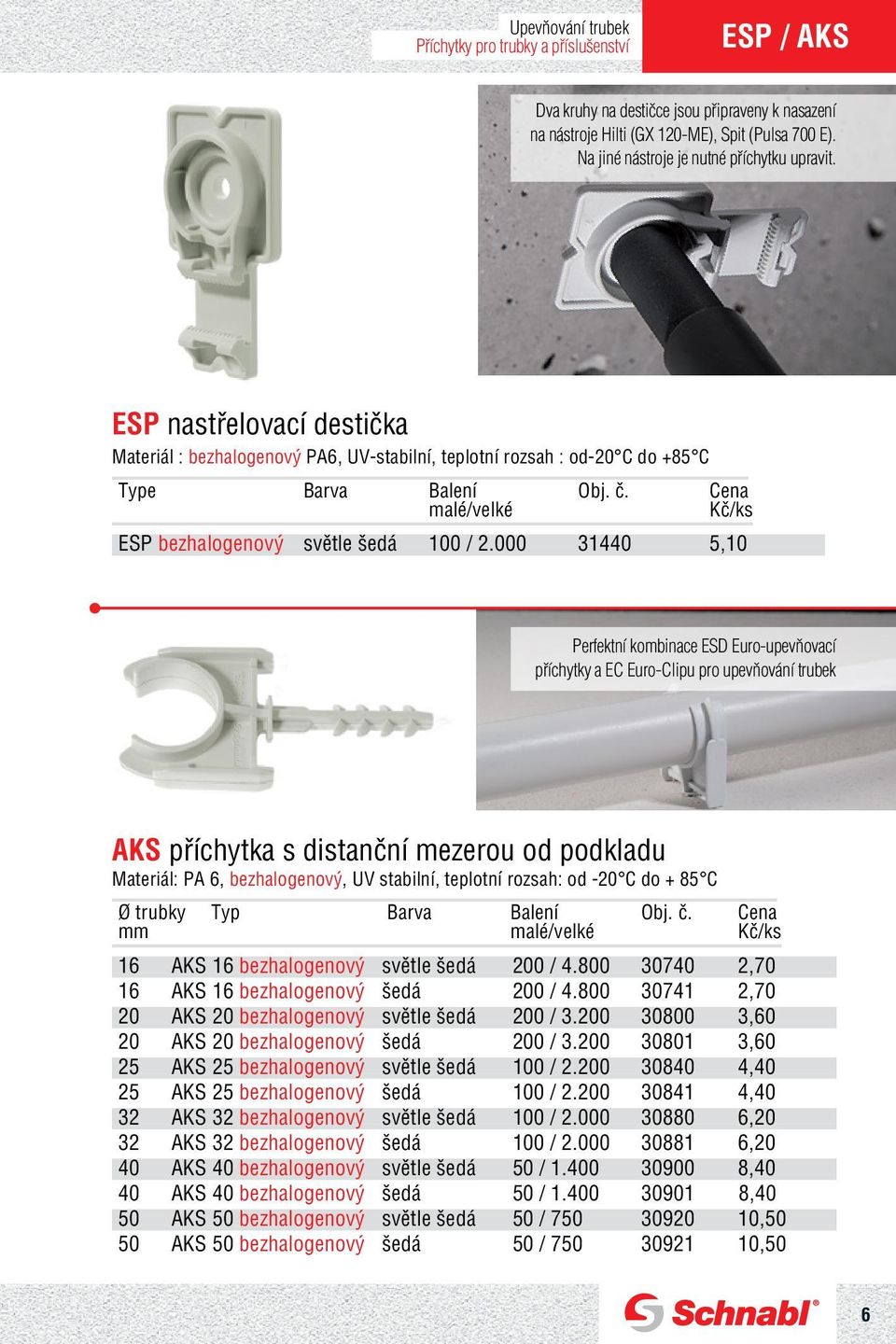 000 31440 5,10 Perfektní kombinace ESD Euro-upevňovací příchytky a EC Euro-Clipu pro upevňování trubek AKS příchytka s distanční mezerou od podkladu Materiál: PA 6, bezhalogenový, UV stabilní,