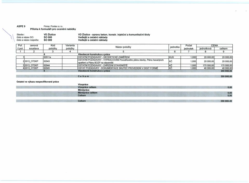 ool, soustava ooložkv noložkv jednotek jednotková celkem 1 2 3 4 5 6 7 8 9 O VAeobecné konstrukce a práce 1 02911a OSTATNI POZADAVKY - GEODETICKE ZAMERENI KUS 1,000 20000,00 20000,00 OSTATNI