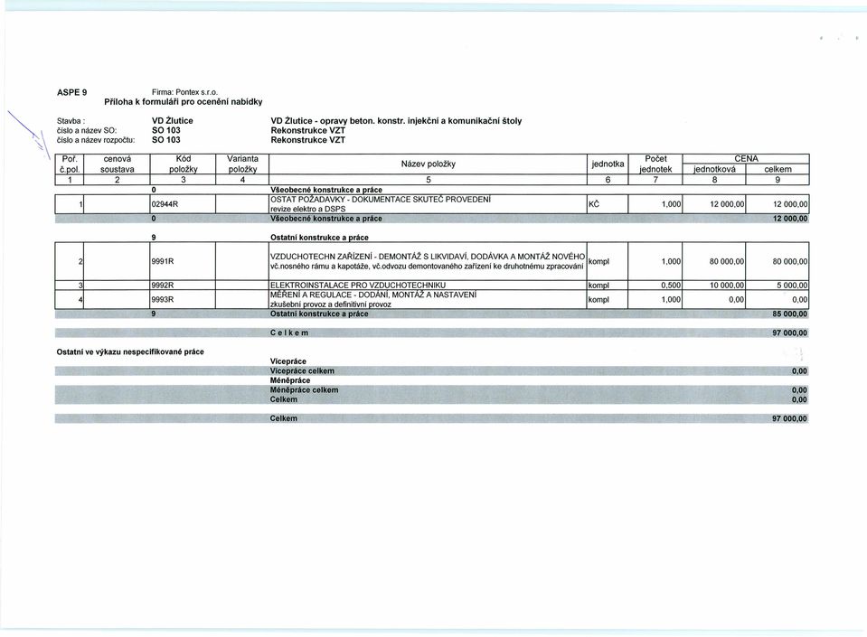 ool soustava položky položky iednotek iednotková I celkem 1 2 3 4 5 6 7 8 I 9 O Všeobecné konstrukce a oráce OSTAT POZADAVKY - DOKUMENTACE SKUTEC PROVEDENI 1 02944R KČ 1.