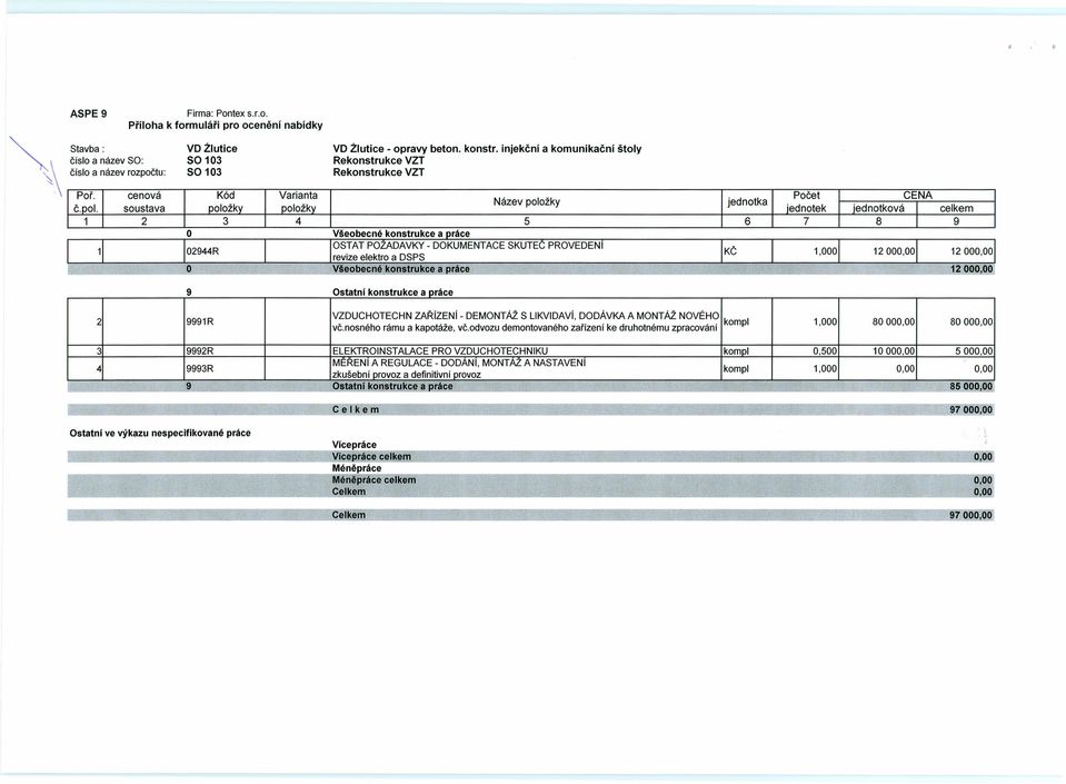 ool soustava položky položky iednotek iednotková I celkem 1 2 3 4 5 6 7 8 I 9 O Všeobecné konstrukce a oráce OSTAT POZADAVKY - DOKUMENTACE SKUTEC PROVEDENI 1 02944R KČ 1.