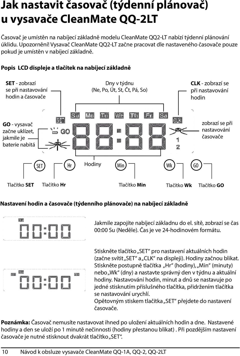 Popis LCD displeje a tlačítek na nabíjecí základně SET - zobrazí se při nastavování hodin a časovače Dny v týdnu (Ne, Po, Út, St, Čt, Pá, So) CLK - zobrazí se při nastavování hodin GO - vysavač začne