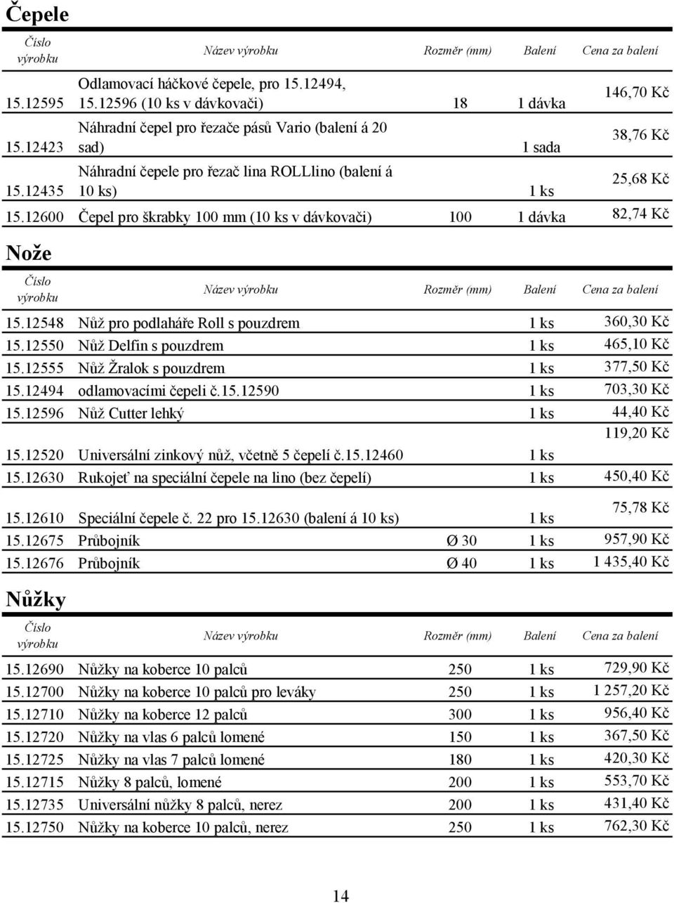 12600 Čepel pro škrabky 100 mm (10 ks v dávkovači) 100 1 dávka 82,74 Kč Nože Název Rozměr (mm) 15.12548 Nůž pro podlaháře Roll s pouzdrem 1 ks 360,30 Kč 15.