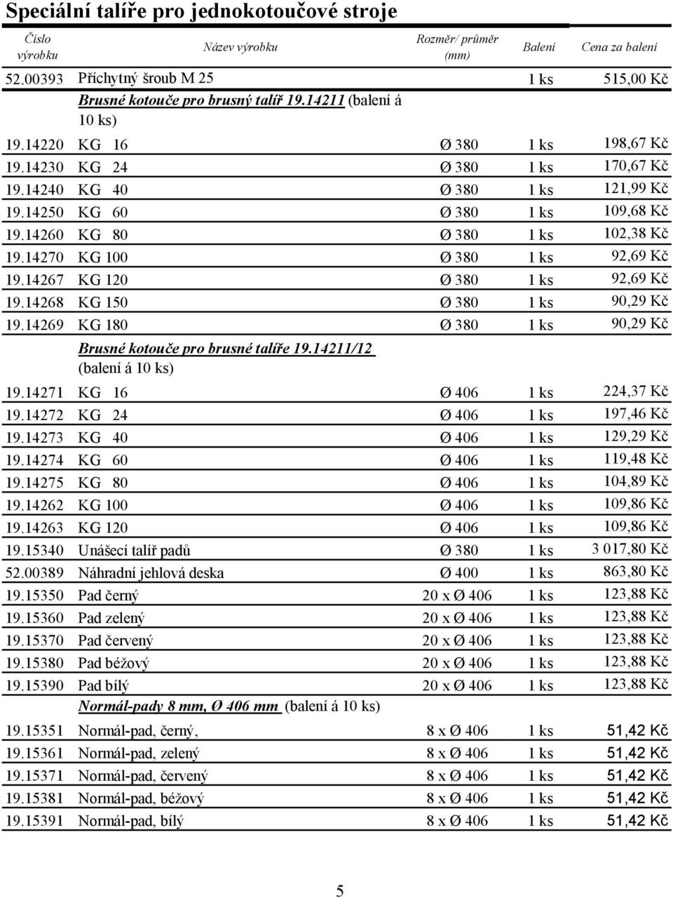 14270 KG 100 Ø 380 1 ks 92,69 Kč 19.14267 KG 120 Ø 380 1 ks 92,69 Kč 19.14268 KG 150 Ø 380 1 ks 90,29 Kč 19.14269 KG 180 Ø 380 1 ks 90,29 Kč Brusné kotouče pro brusné talíře 19.