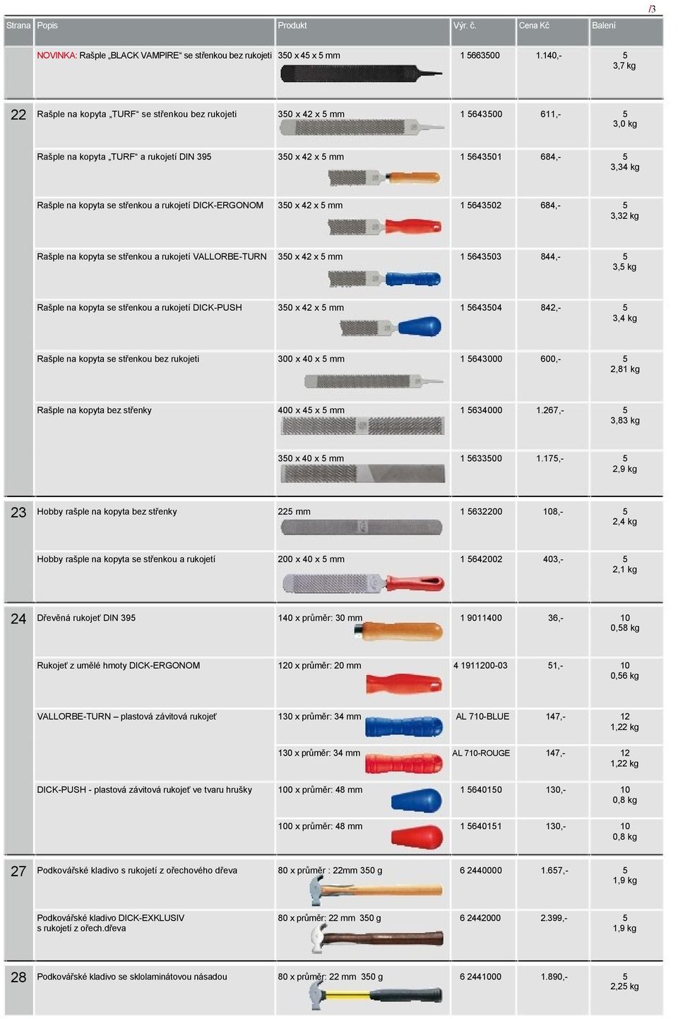 kopyta se střenkou a rukojetí DICK-ERGONOM 350 x 42 x 5 mm 1 5643502 684,- 5 3,32 kg Rašple na kopyta se střenkou a rukojetí VALLORBE-TURN 350 x 42 x 5 mm 1 5643503 844,- 5 3,5 kg Rašple na kopyta se