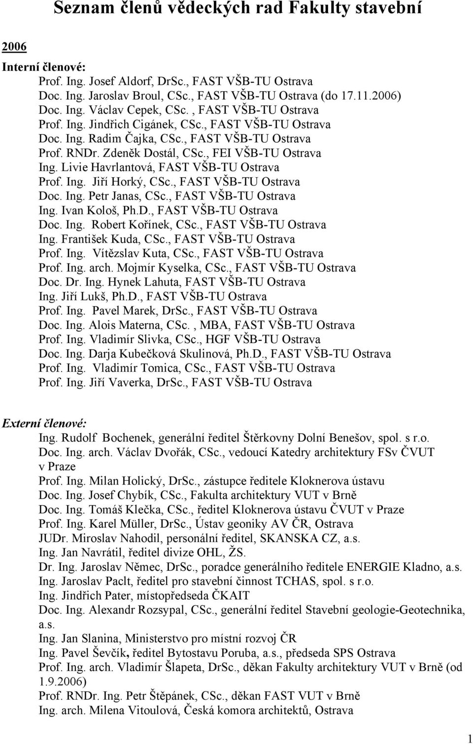 , FAST VŠB-TU Ostrava Externí členové: Ing. Rudolf Bochenek, generální ředitel Štěrkovny Dolní Benešov, spol. s r.o. Doc. Ing. arch. Václav Dvořák, CSc.