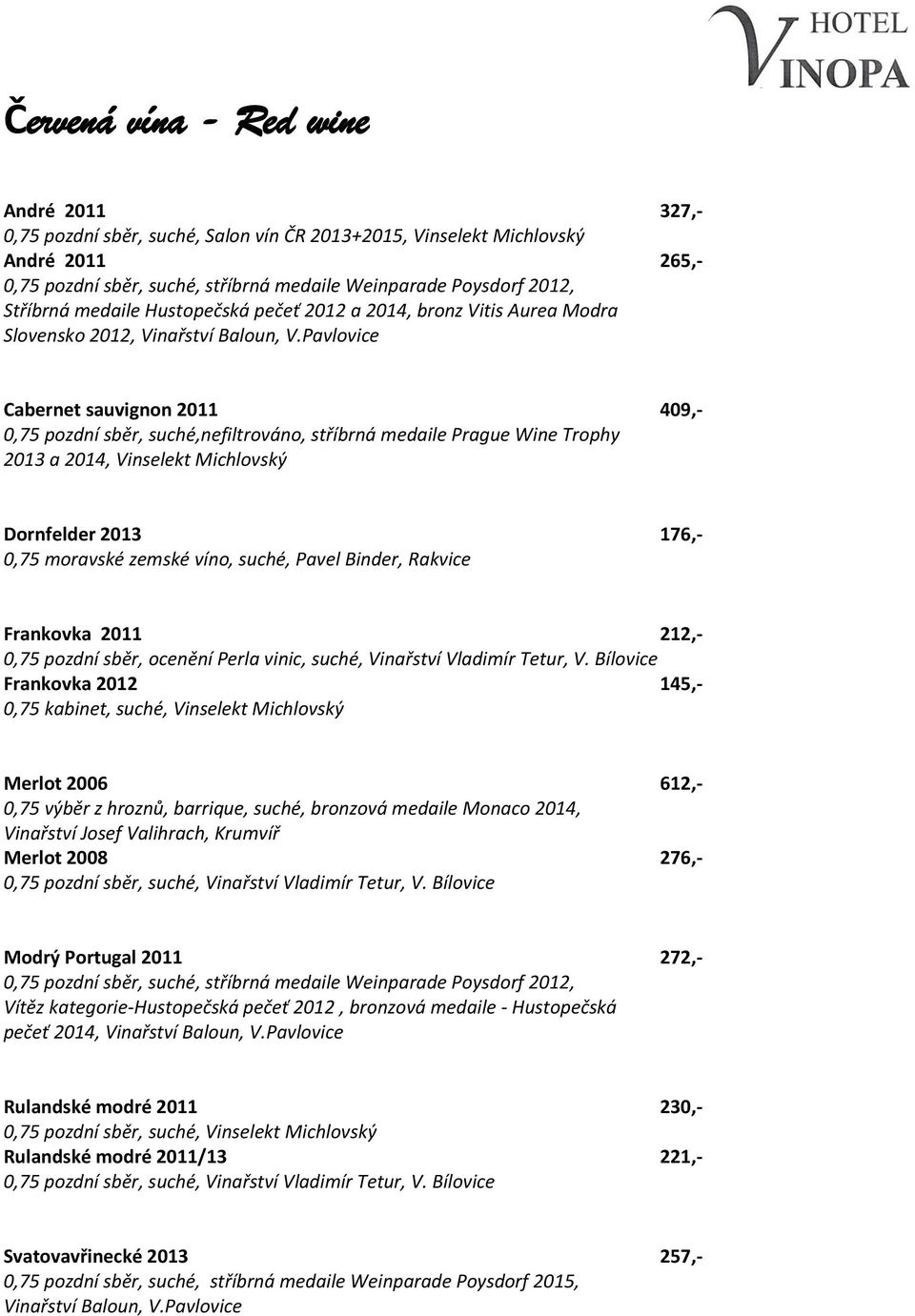 2014, Vinselekt Michlovský Dornfelder 2013 176,- 0,75 moravské zemské víno, suché, Pavel Binder, Rakvice Frankovka 2011 212,- 0,75 pozdní sběr, ocenění Perla vinic, suché, Vinařství Vladimír Tetur, V.