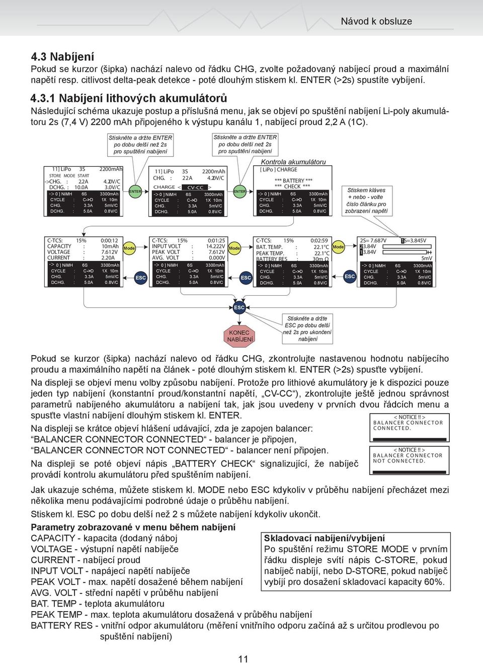 1 Nabíjení lithových akumulátorů Následující schéma ukazuje postup a příslušná menu, jak se objeví po spuštění nabíjení Li-poly akumulátoru 2s (7,4 V) 2200 mah připojeného k výstupu kanálu 1,