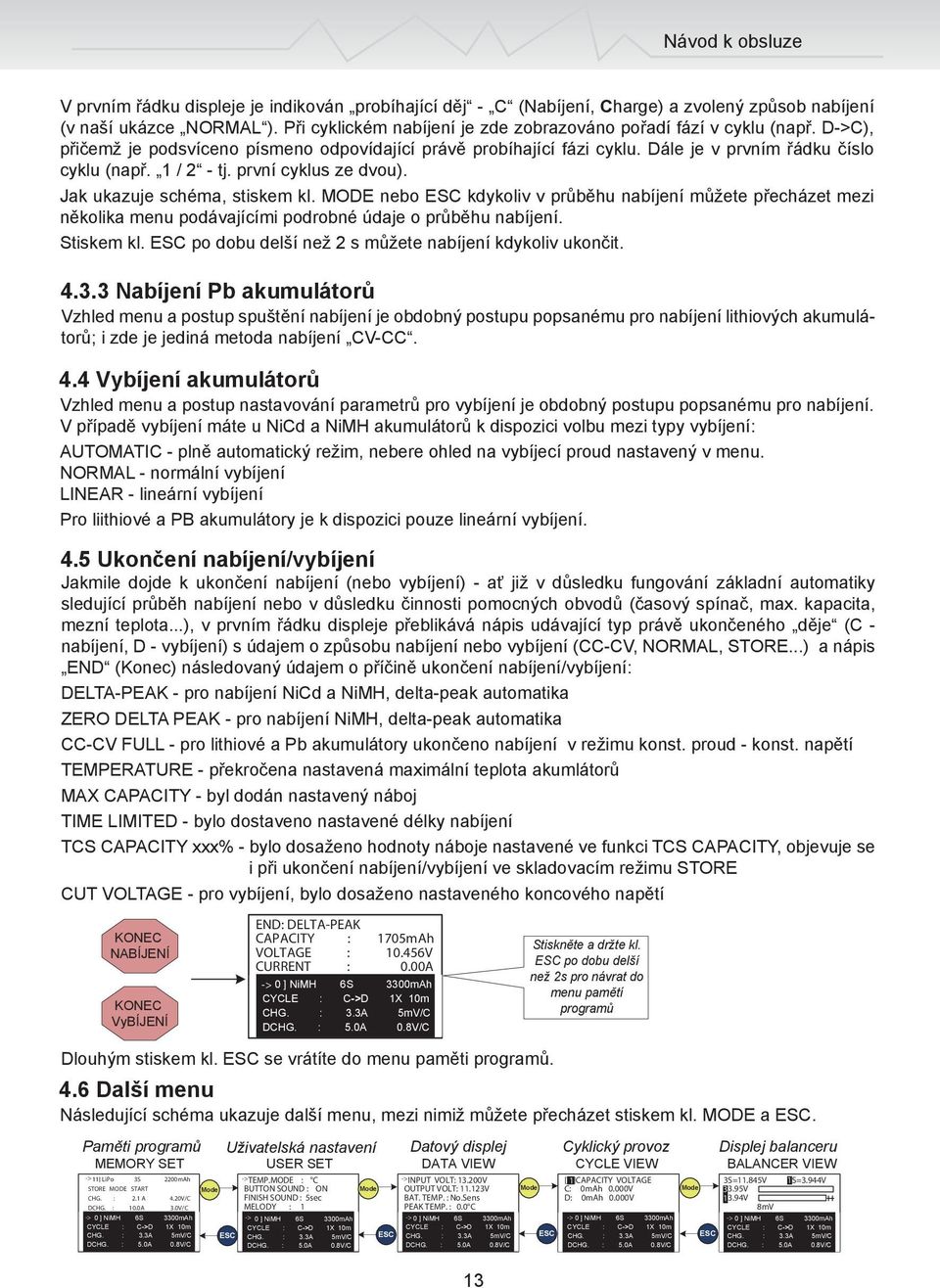 1 / 2 - tj. první cyklus ze dvou). Jak ukazuje schéma, stiskem kl. MODE nebo ESC kdykoliv v průběhu nabíjení můžete přecházet mezi několika menu podávajícími podrobné údaje o průběhu nabíjení.