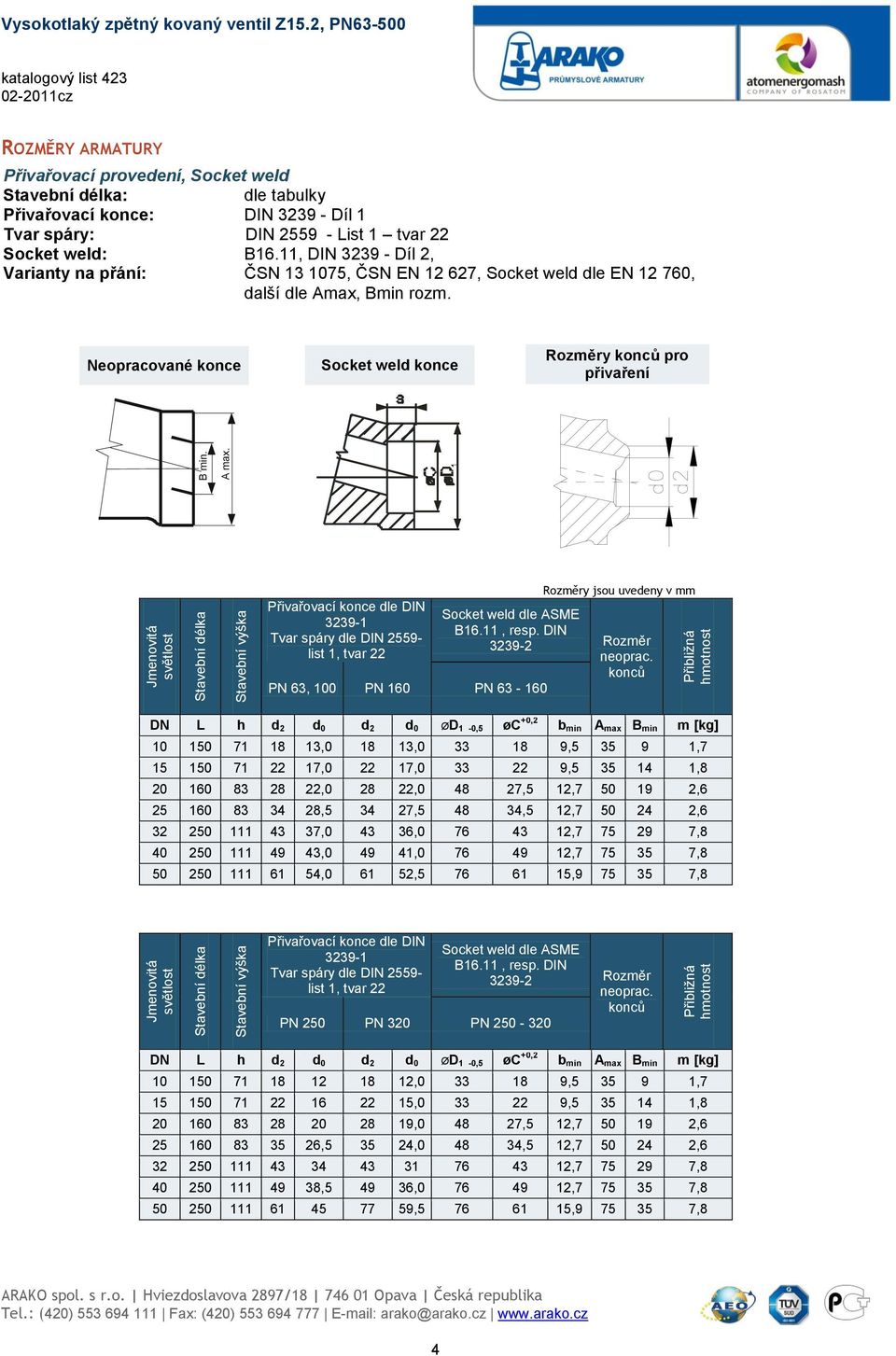 11, DIN 3239 - Díl 2, Varianty na přání: ČSN 13 1075, ČSN EN 12 627, Socket weld dle EN 12 760, další dle Amax, Bmin rozm. Neopracované konce Socket weld konce y konců pro přivaření B min. A max.