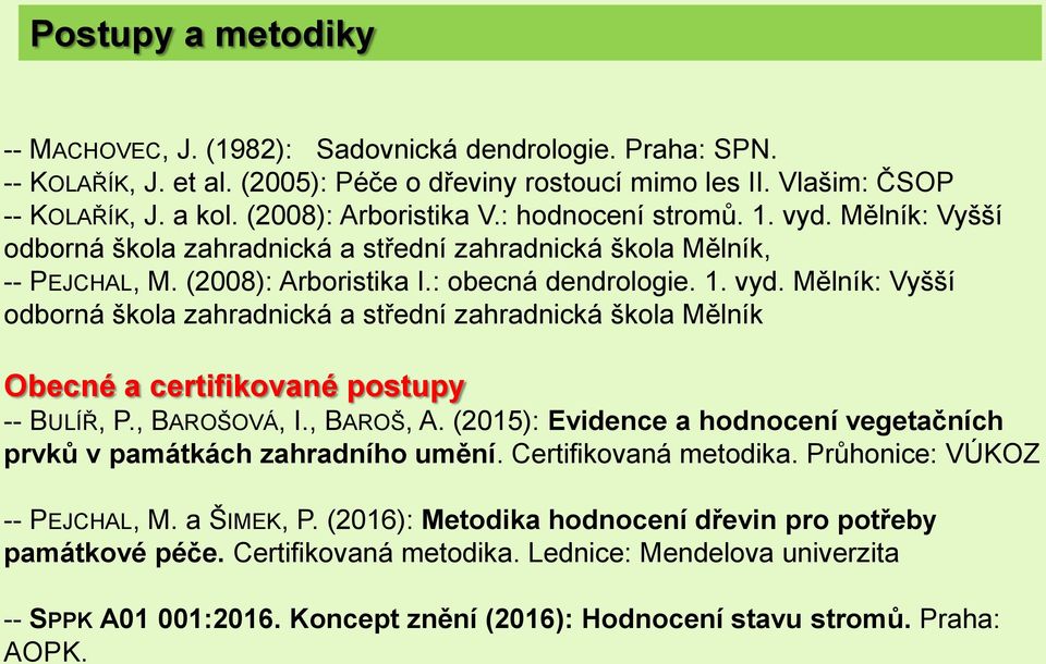 , BAROŠOVÁ, I., BAROŠ, A. (2015): Evidence a hodnocení vegetačních prvků v památkách zahradního umění. Certifikovaná metodika. Průhonice: VÚKOZ -- PEJCHAL, M. a ŠIMEK, P.
