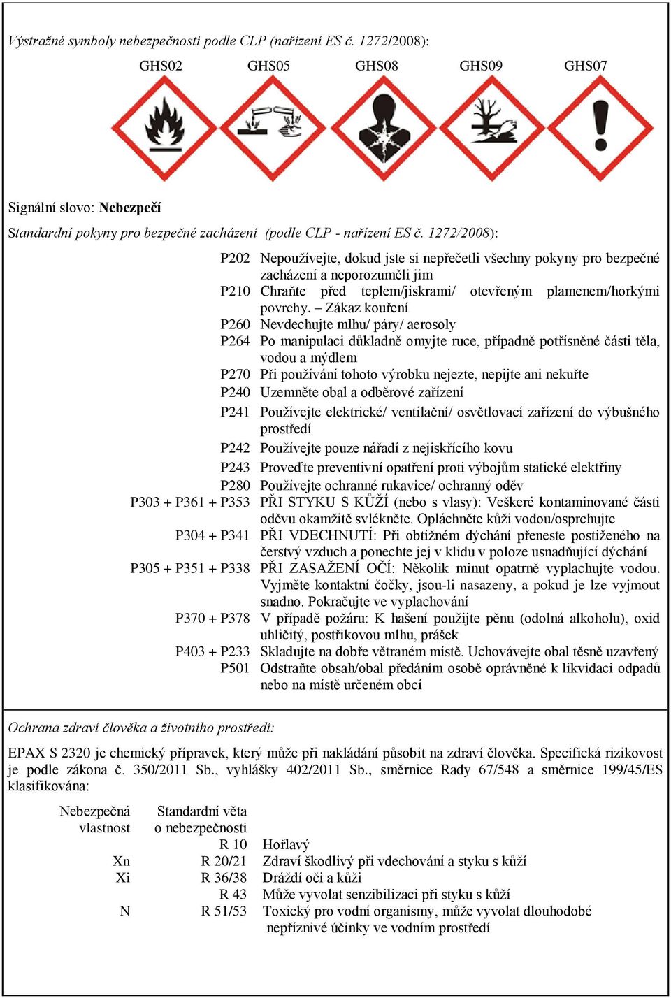 Zákaz kouření P260 Nevdechujte mlhu/ páry/ aerosoly P264 Po manipulaci důkladně omyjte ruce, případně potřísněné části těla, vodou a mýdlem P270 Při používání tohoto výrobku nejezte, nepijte ani