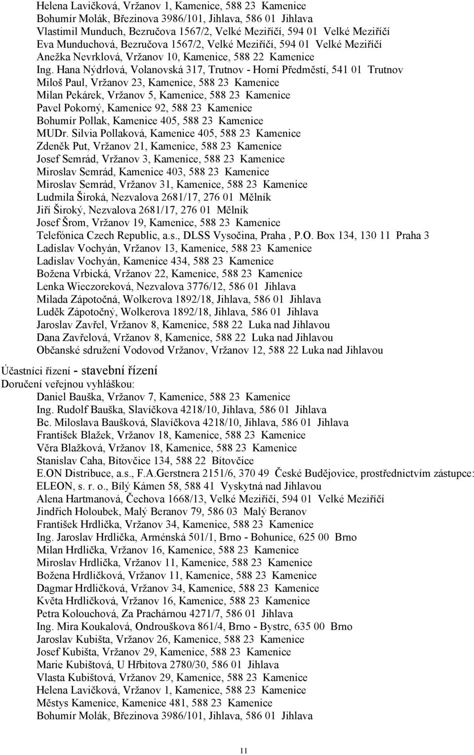 Hana Nýdrlová, Volanovská 317, Trutnov - Horní Předměstí, 541 01 Trutnov Miloš Paul, Vržanov 23, Kamenice, 588 23 Kamenice Milan Pekárek, Vržanov 5, Kamenice, 588 23 Kamenice Pavel Pokorný, Kamenice