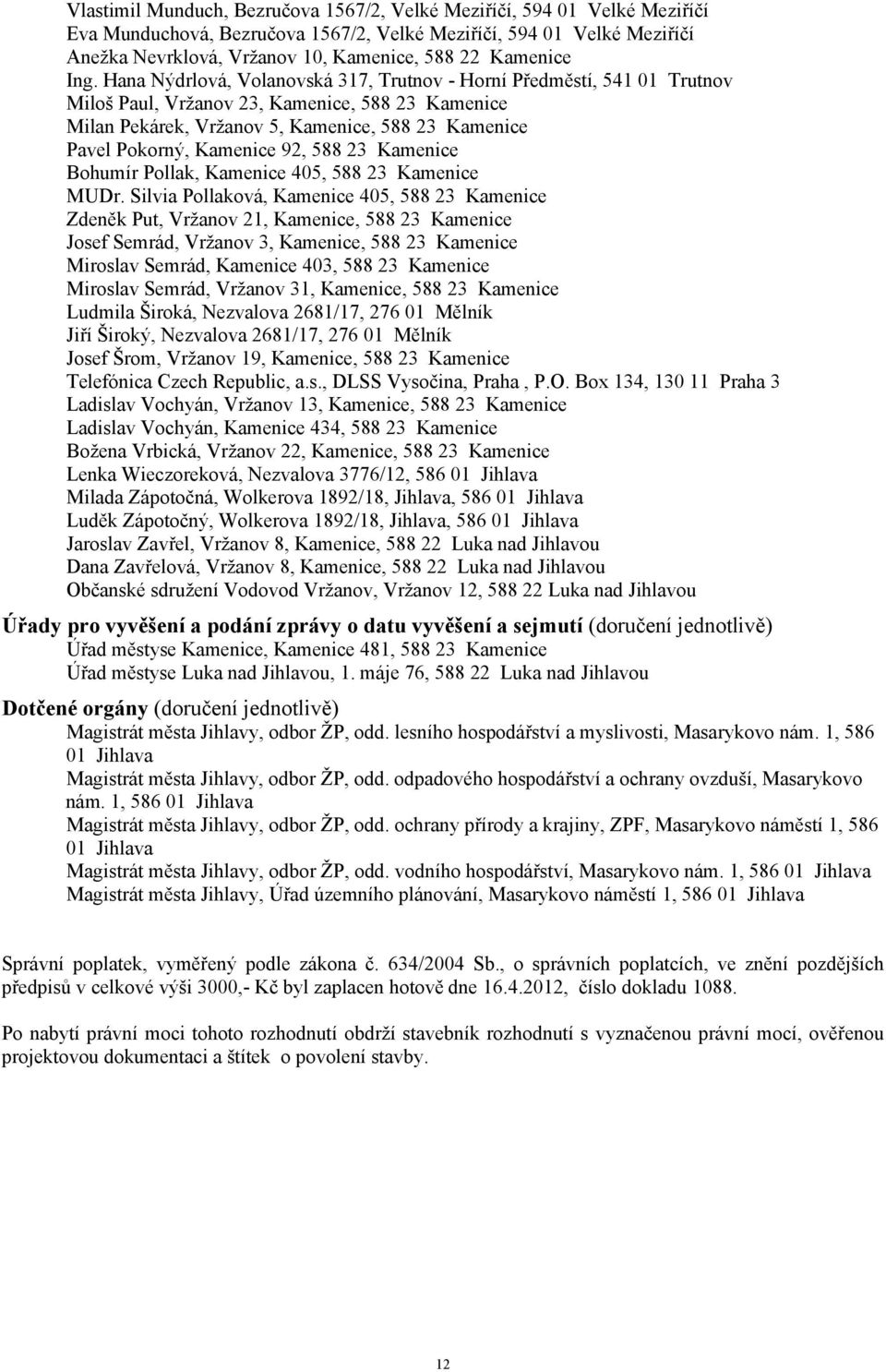 Hana Nýdrlová, Volanovská 317, Trutnov - Horní Předměstí, 541 01 Trutnov Miloš Paul, Vržanov 23, Kamenice, 588 23 Kamenice Milan Pekárek, Vržanov 5, Kamenice, 588 23 Kamenice Pavel Pokorný, Kamenice