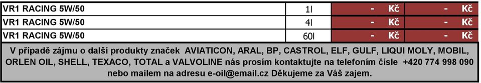 MOLY, MOBIL, ORLEN OIL, SHELL, TEXACO, TOTAL a VALVOLINE nás prosím kontaktujte na