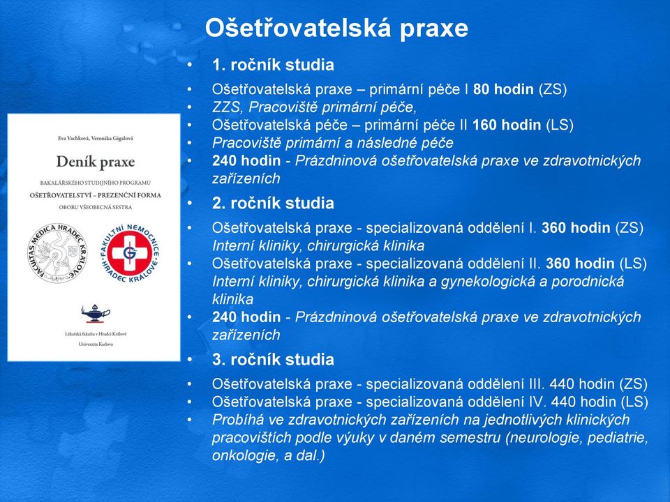 Prázdninová ošetřovatelská praxe ve zdravotnických zařízeních 2. ročník studia Ošetřovatelská praxe - specializovaná oddělení I.