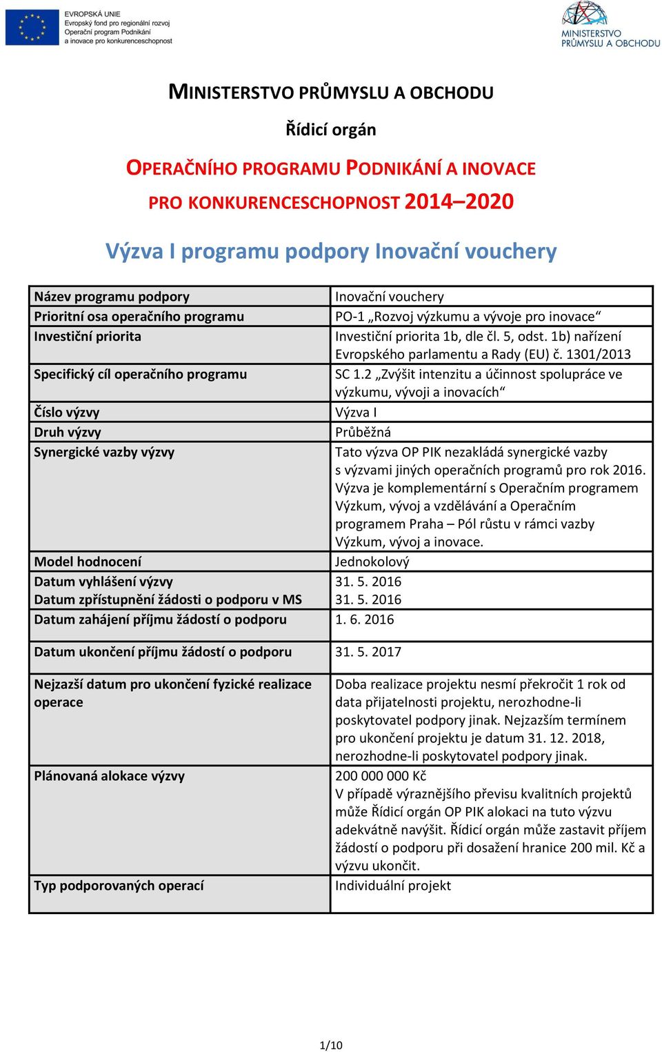 1301/2013 Specifický cíl operačního programu SC 1.