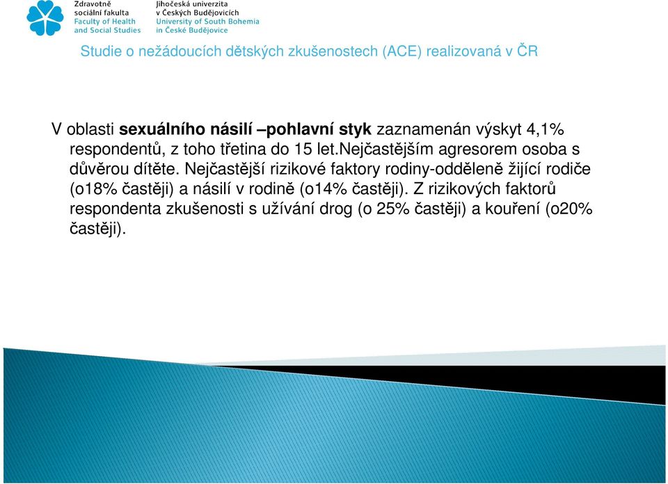Nejčastější rizikové faktory rodiny-odděleně žijící rodiče (o18% častěji) a násilí v
