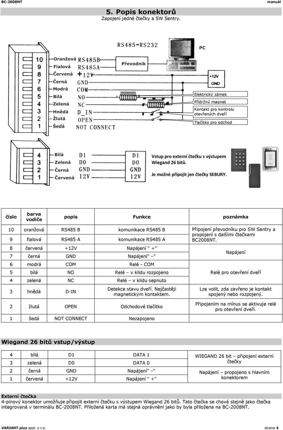 číslo barva vodiče popis Funkce poznámka 10 oranžová RS485 B komunikace RS485 B Připojení převodníku pro SW Sentry a propojení s dalšími čtečkami 9 fialová RS485 A komunikace RS485 A BC2008NT.
