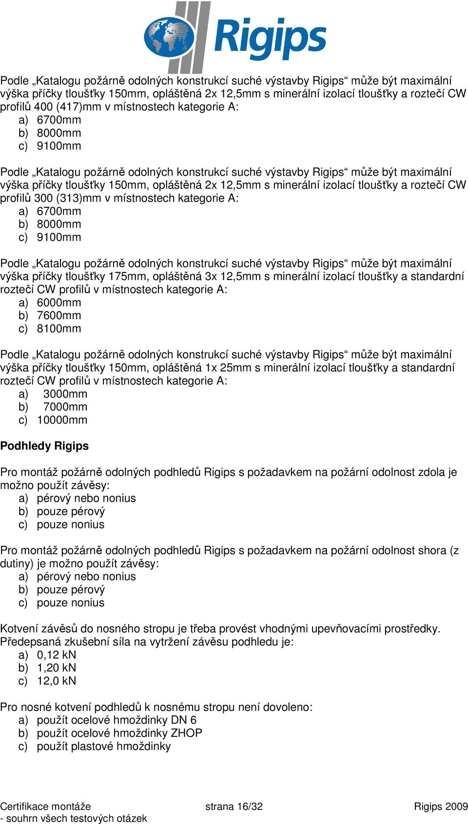 izolací tloušťky a roztečí CW profilů 300 (313)mm v místnostech kategorie A: a) 6700mm b) 8000mm c) 9100mm Podle Katalogu požárně odolných konstrukcí suché výstavby Rigips může být maximální výška