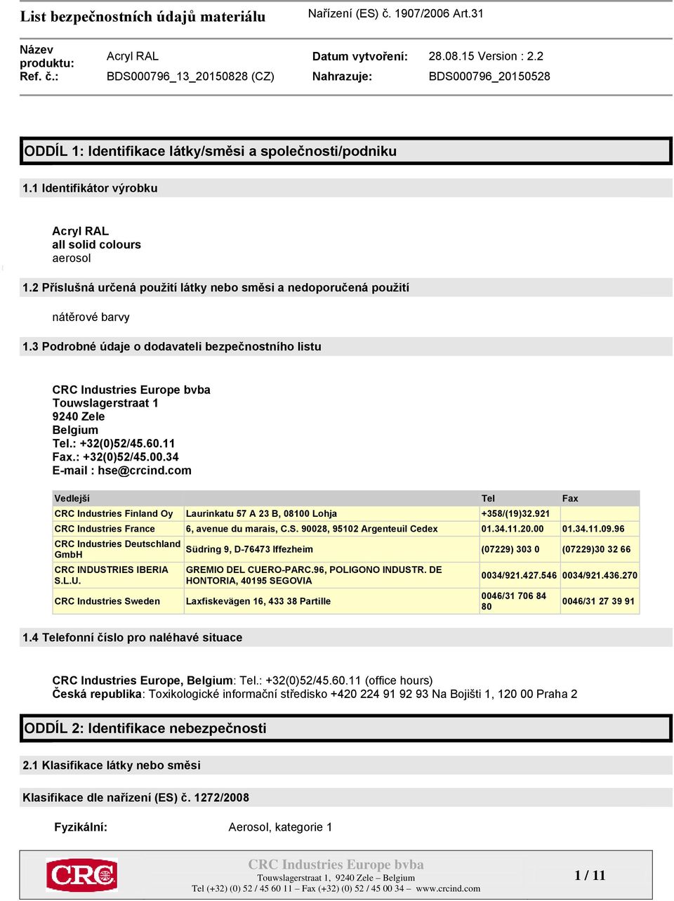 : +32(0)52/45.00.34 E-mail : hse@crcind.com Vedlejší Tel Fax CRC Industries Finland Oy Laurinkatu 57 A 23 B, 08100 Lohja +358/(19)32.921 CRC Industries France 6, avenue du marais, C.S.