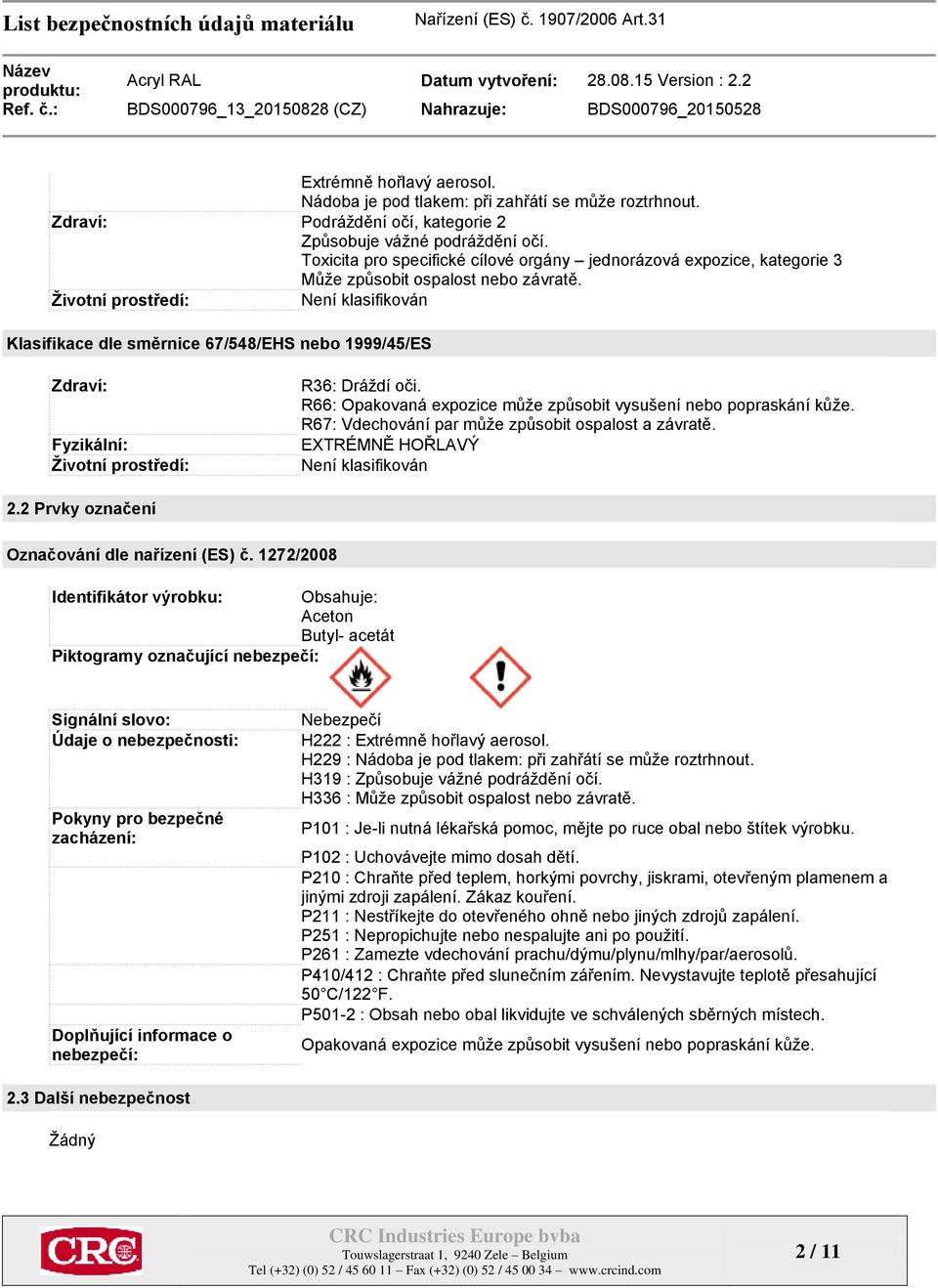 Životní prostředí: Není klasifikován Klasifikace dle směrnice 67/548/EHS nebo 1999/45/ES Zdraví: Fyzikální: Životní prostředí: R36: Dráždí oči.