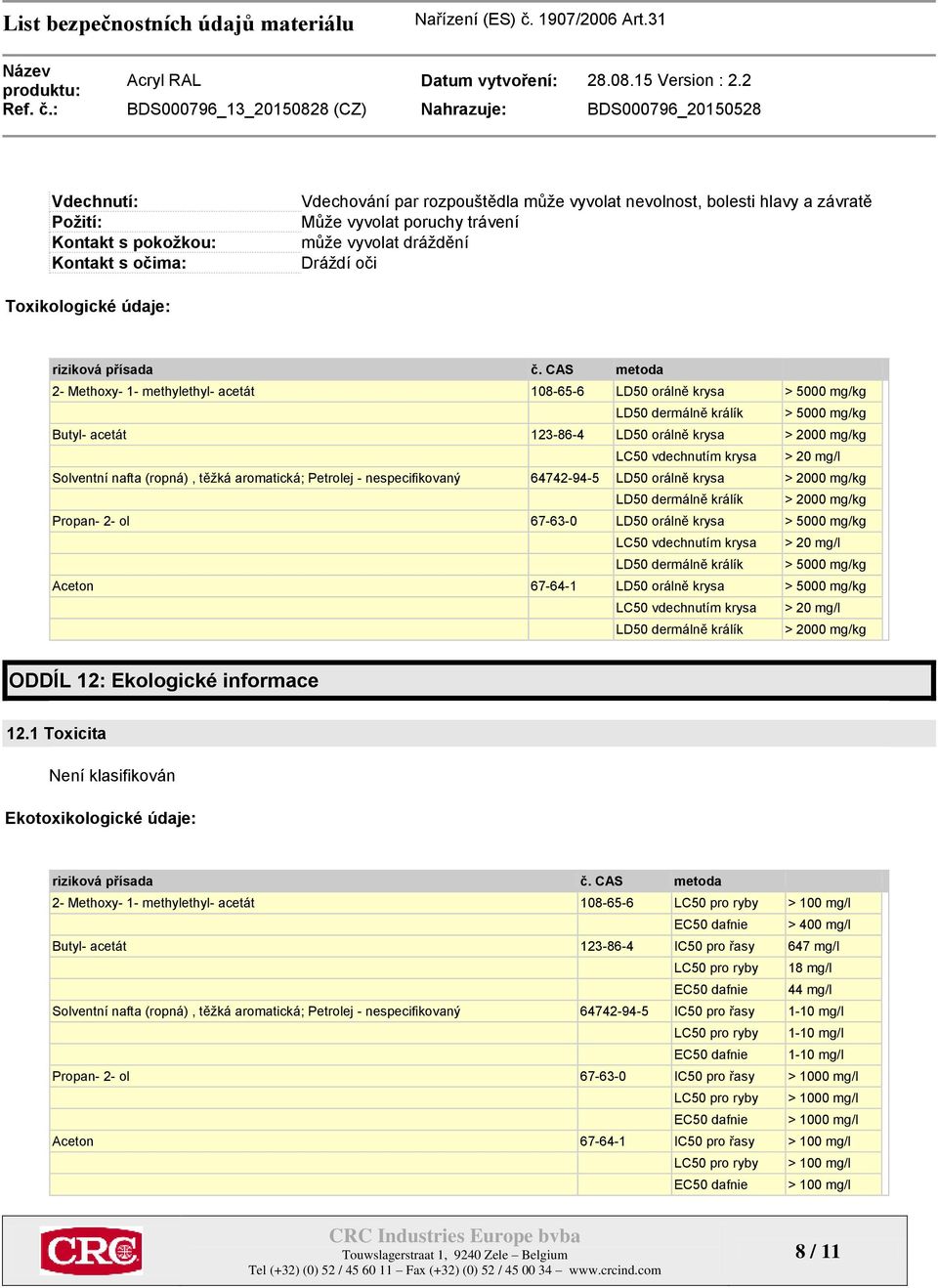 CAS metoda 2- Methoxy- 1- methylethyl- acetát 108-65-6 LD50 orálně krysa > 5000 mg/kg LD50 dermálně králík > 5000 mg/kg Butyl- acetát 123-86-4 LD50 orálně krysa > 2000 mg/kg LC50 vdechnutím krysa >
