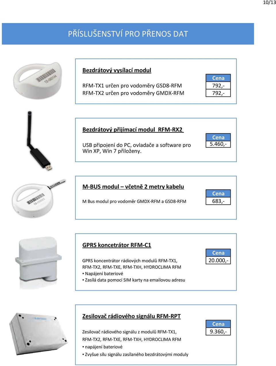 460,- M-BUS modul včetně 2 metry kabelu Cena M Bus modul pro vodoměr GMDX-RFM a GSD8-RFM 683,- GPRS koncetrátor RFM-C1 Cena GPRS koncentrátor rádiových modulů RFM-TX1, 20.