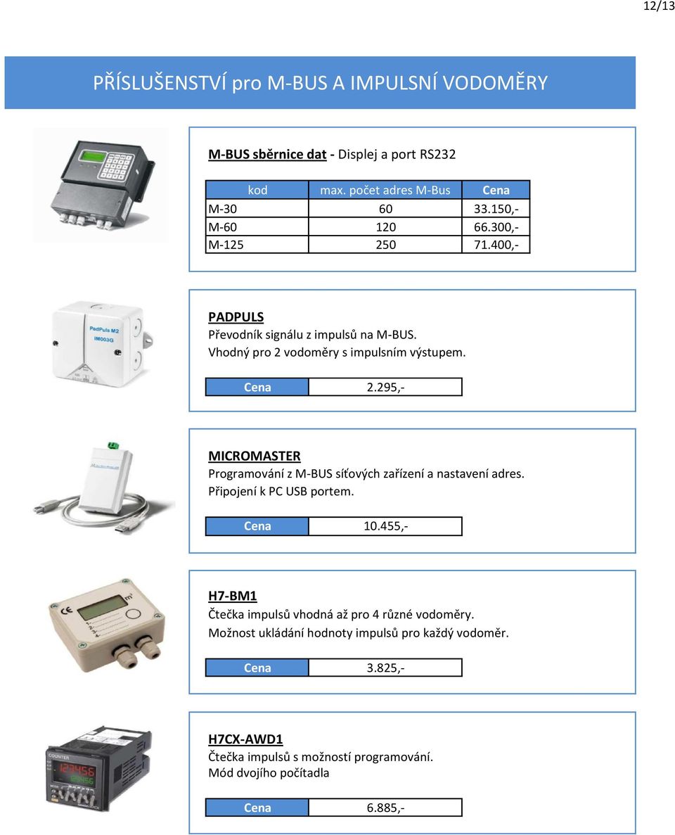 295,- MICROMASTER Programování z M-BUS síťových zařízení a nastavení adres. Připojení k PC USB portem. Cena 10.
