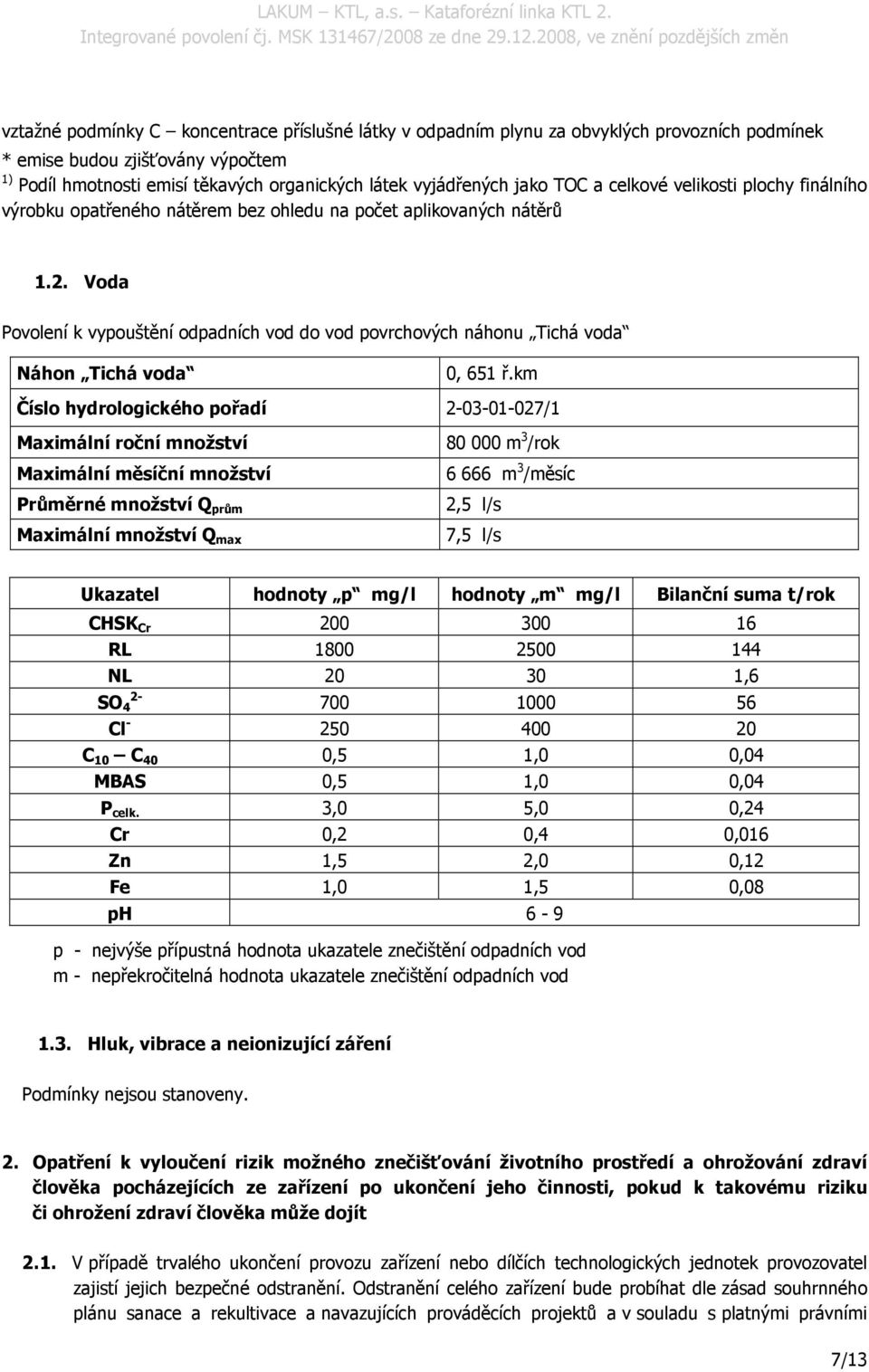 Voda Povolení k vypouštění odpadních vod do vod povrchových náhonu Tichá voda Náhon Tichá voda 0, 651 ř.