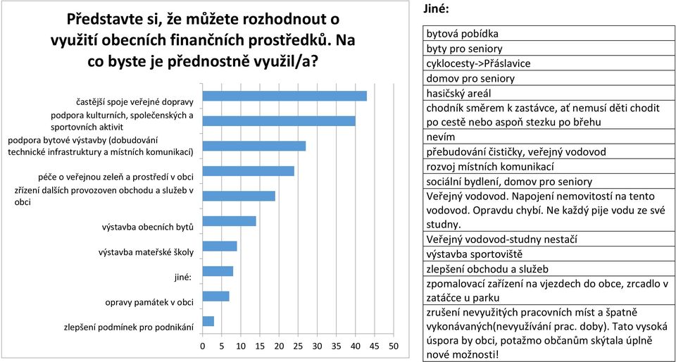 prostředí v obci zřízení dalších provozoven obchodu a služeb v obci výstavba obecních bytů výstavba mateřské školy jiné: opravy památek v obci zlepšení podmínek pro podnikání 0 5 10 15 20 25 30 35 40